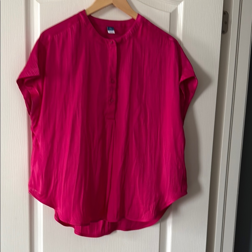 Bright Pink Blouse Size L Lightweight Short Sleeve Work Office Top